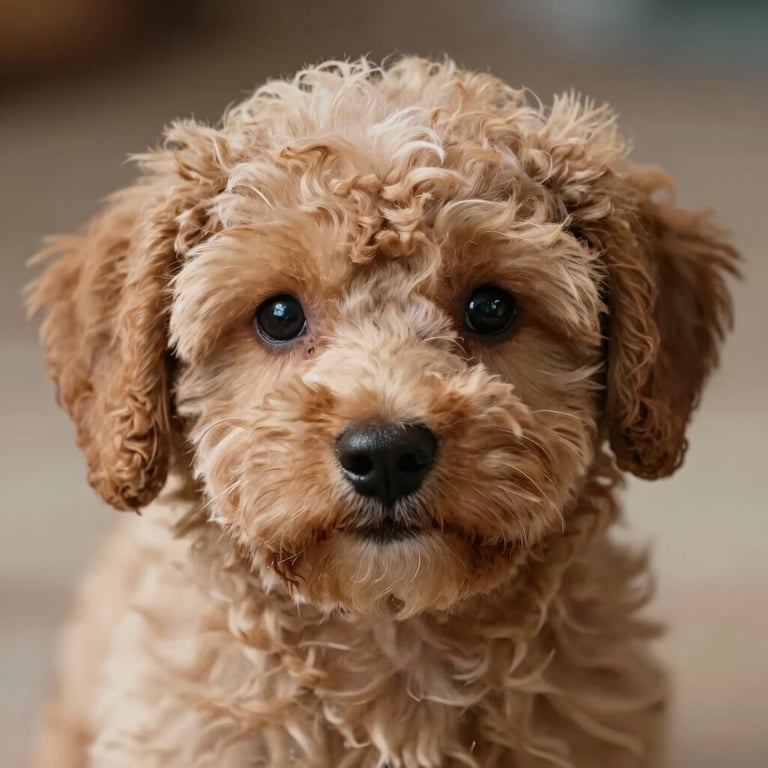 A close-up of a Maltipoo puppy looking into the camera with bright eyes, warm natural lighting.