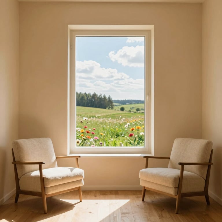 A warm and inviting home office with soft natural light, cozy chair, and calming plants.