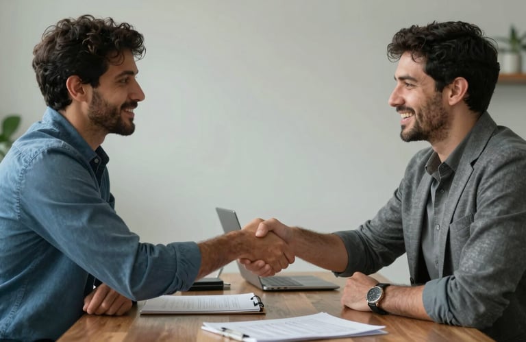 Two tech professionals in a South American / Venezuelan professional setting shaking hands, signifying a successful partnership, dressed in business casual attire.