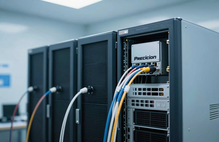 Precision fiber optic equipment and servers in a clean environment, Soft Sky Blue and Pale Ice Blue lighting, high-tech aesthetic.