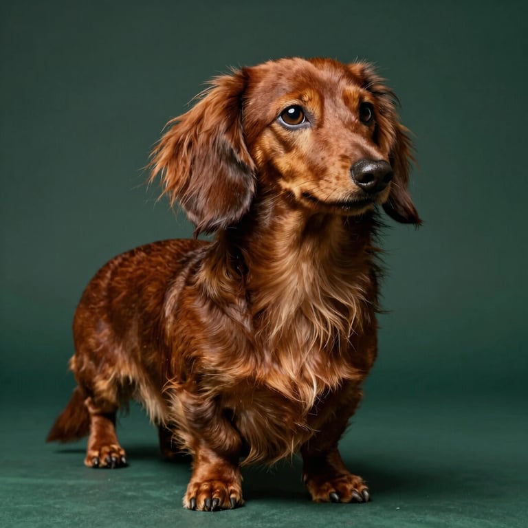 A studio portrait of a Long-Haired Miniature Dachshund with a shiny, flowing mahogany coat, posed against a dark green backdrop. Professional lighting highlight the silky texture of its fur.