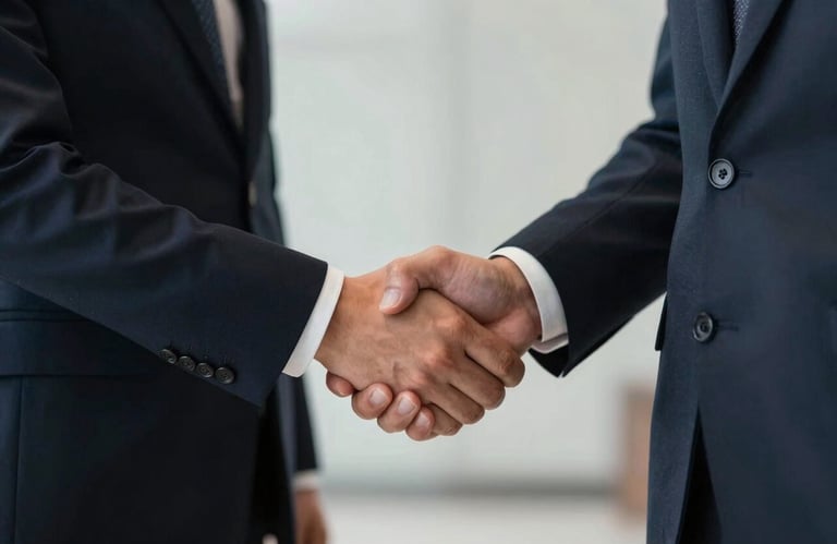 A professional handshake between two business people wearing suits in shades of dark navy and deep slate.