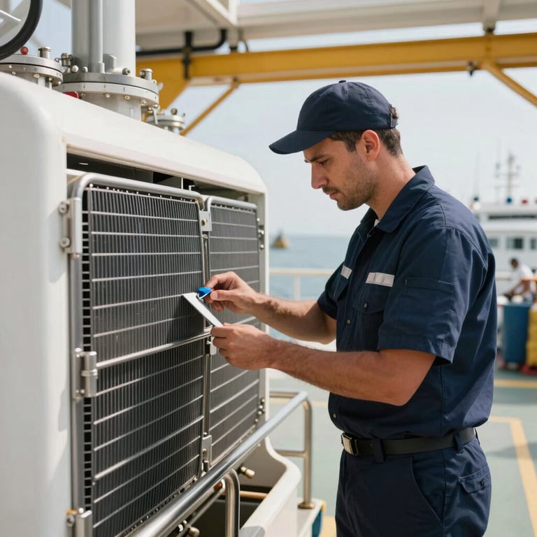 A professional marine engineer in a clean navy uniform inspecting a chiller system on a yacht in a Middle Eastern shipyard, bright lighting.