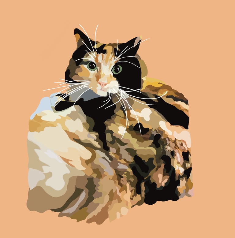 Digital illustration of a fluffy calico cat with green eyes and long white whiskers.
