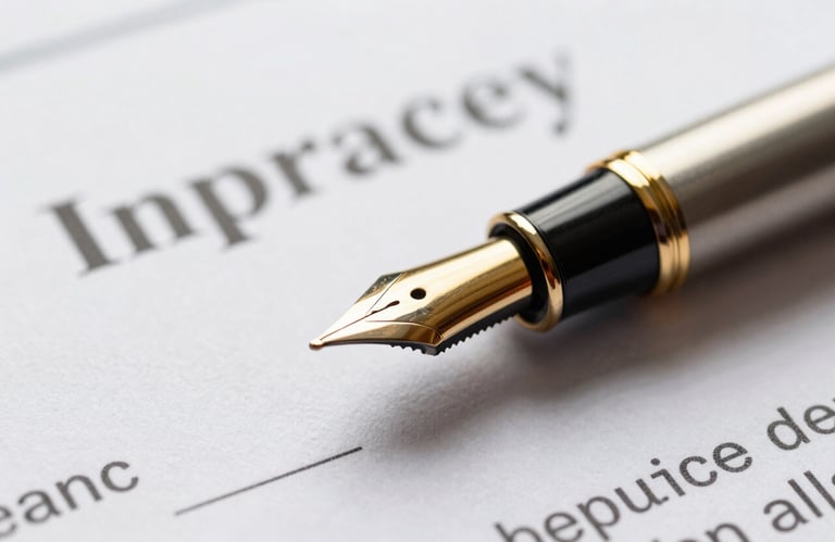 A macro shot of a metallic gold fountain pen resting on a crisp white insurance policy contract. Professional lighting, navy blue shadows, representing high trust and legal security.