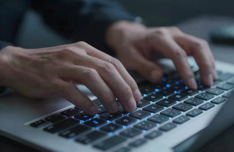 An overhead shot of professional hands typing on a high-tech keyboard with a subtle blue backlight, representing precision and technical mastery in IT services.