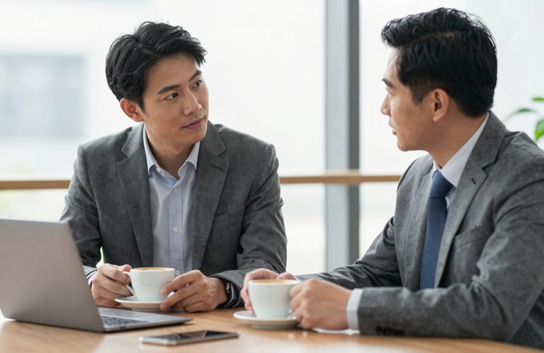A professional photograph showing two business colleagues in North American / US (West Virginia / Virginia) professional attire discussing a website project over a cup of coffee in a bright, modern office.