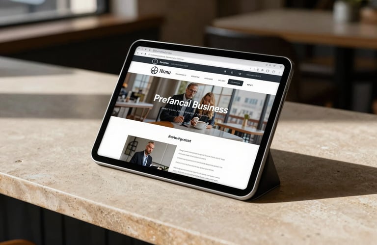 A lifestyle photograph of a sleek silver tablet displaying a professional business website, resting on a beige stone countertop in a sunlit North American / US (West Virginia / Virginia) cafe setting.