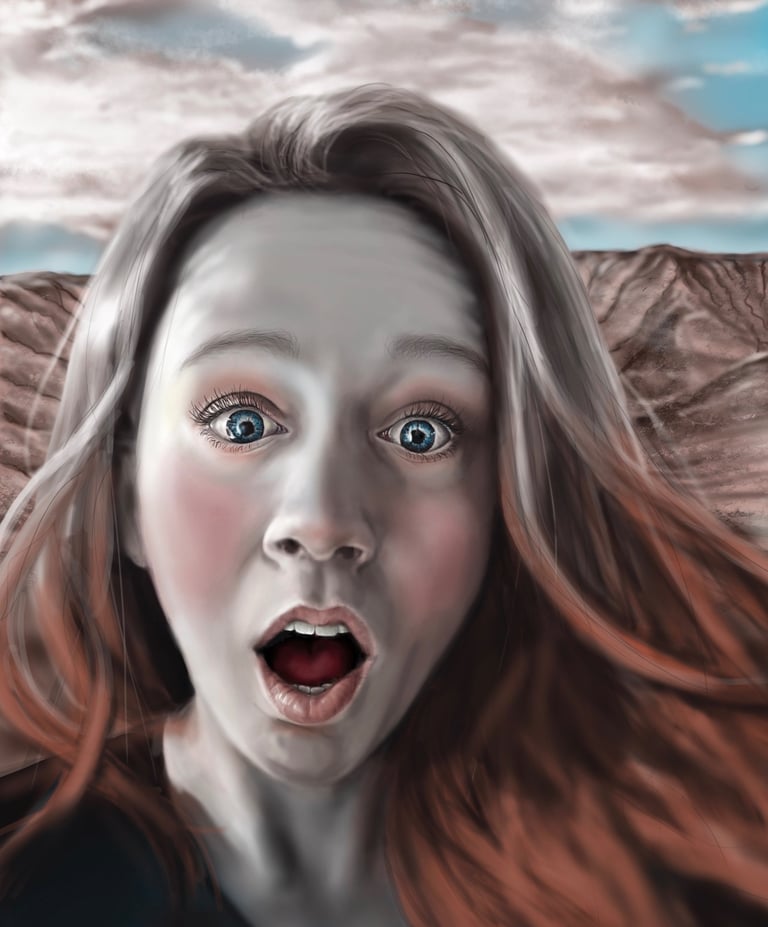 Surprised woman with blue eyes and an open mouth in a surreal digital painting portrait.