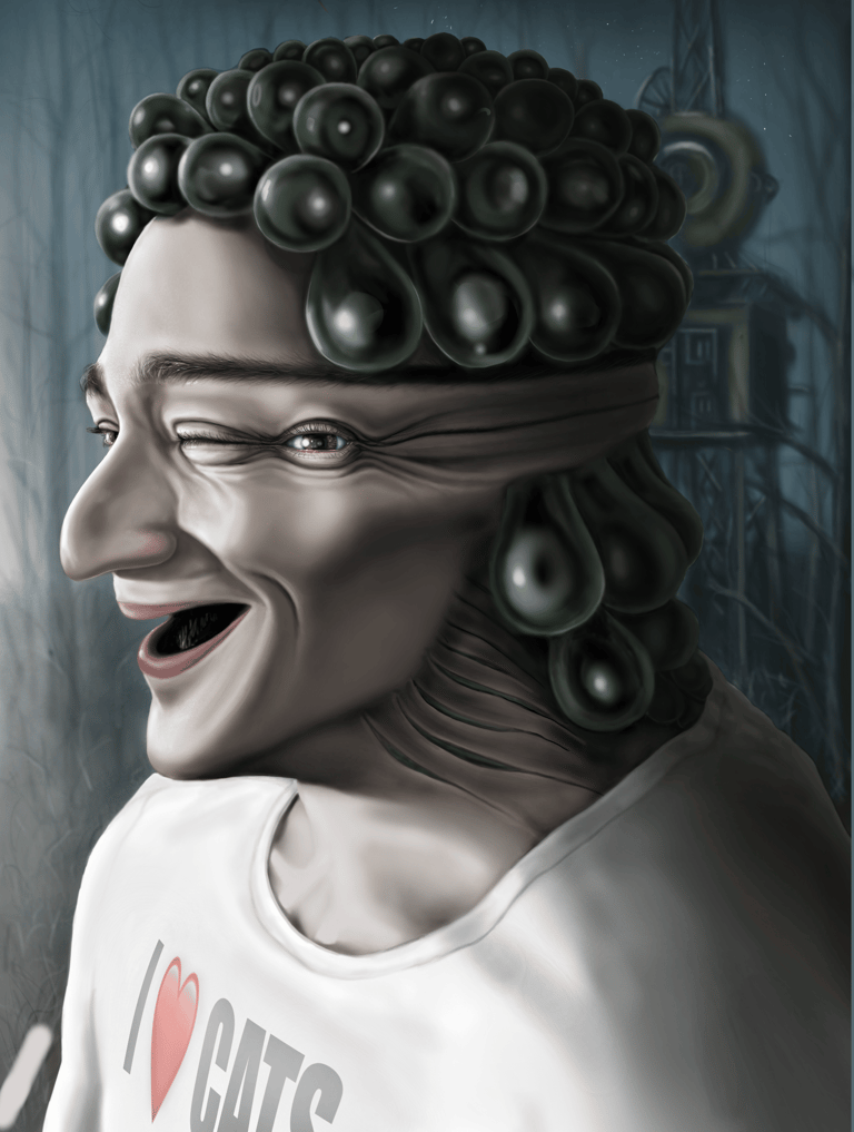 Surreal digital illustration of a smiling man with green grapes for hair wearing an I Love Cats t-shirt.