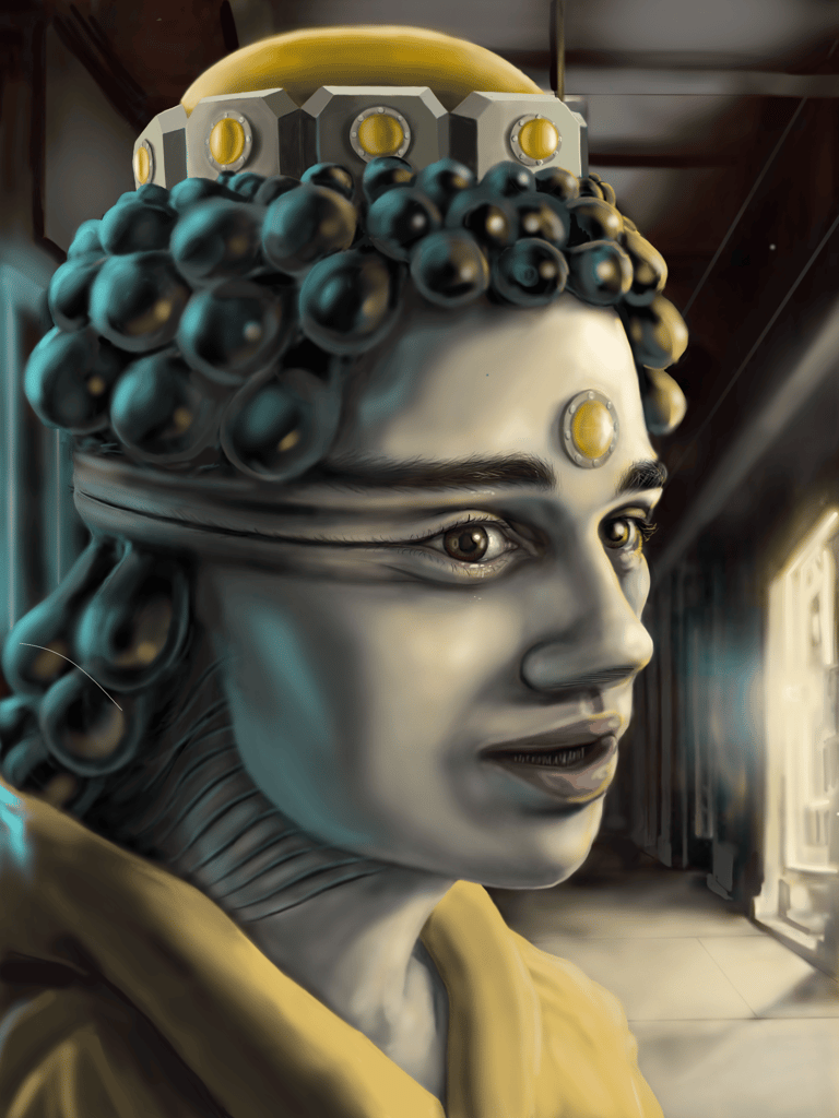 Surreal digital portrait of a person wearing a futuristic crown and bubble headpiece in a hallway.