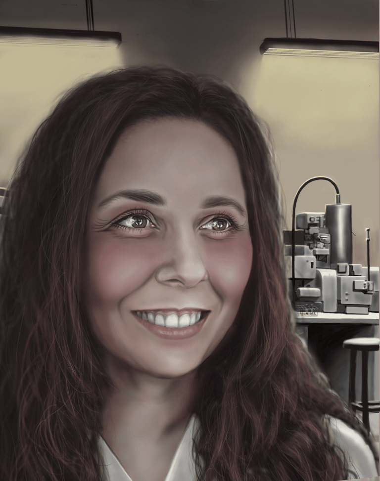 A smiling scientist with wavy brown hair in a laboratory with a background microscope and lab equipment.
