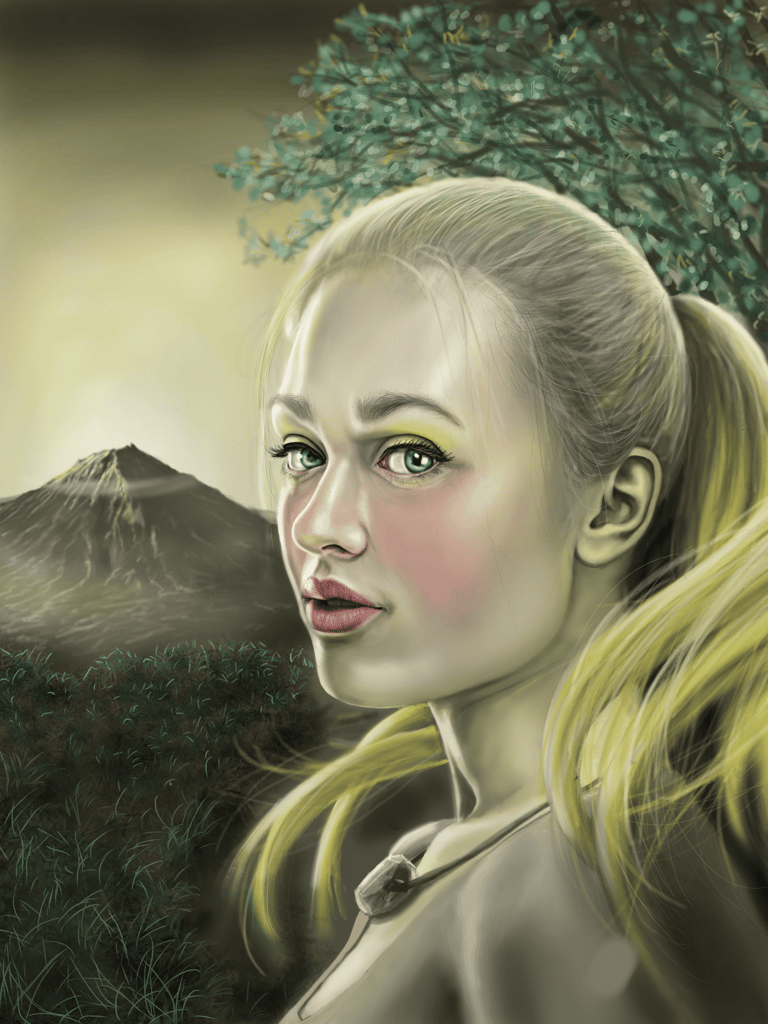 Digital fantasy portrait of a blonde woman with green eyes against a mountain landscape background.