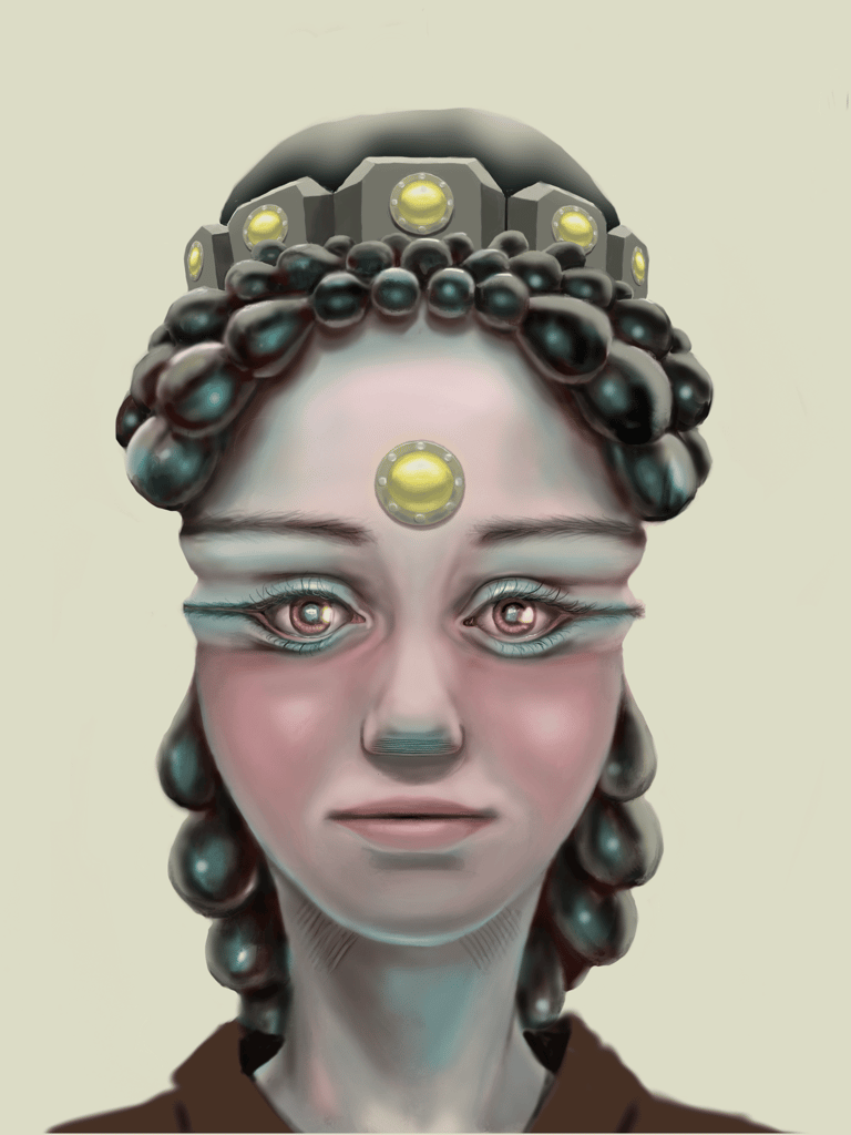 Surreal digital portrait of a woman with multiple eyes and a mechanical crown with yellow gems.
