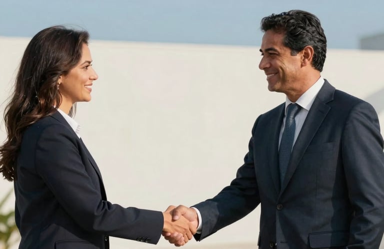 Two South American / Brazilian professionals shaking hands in a professional yet warm environment, clean background with sky blue and off-white colors, bright lighting.