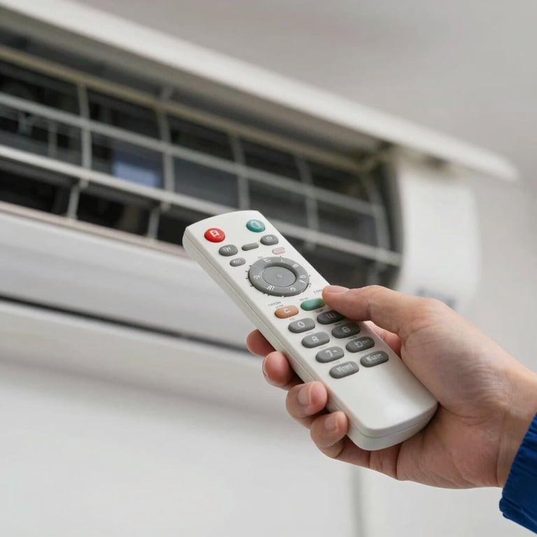 A technician's hand adjusting a modern remote control for an air conditioner, with the indoor unit blurred in the background. High-quality lighting, professional vibe.