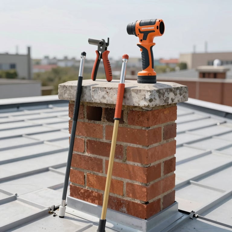 A high-quality photography shot of chimney repair tools and clean brickwork on a bright rooftop. The composition is modern and professional, illustrating the technical expertise of the service.