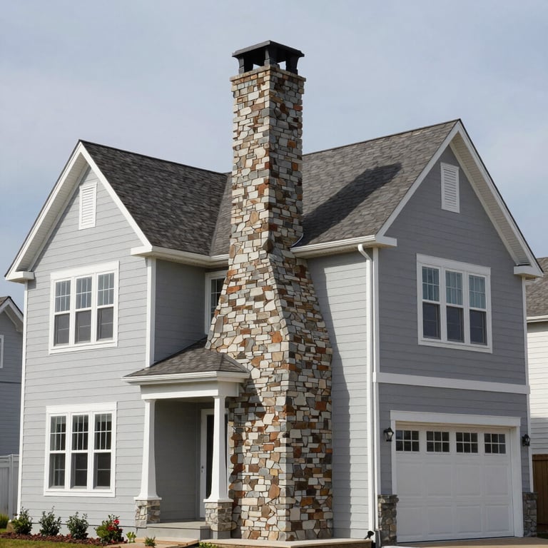A professional wide shot of a multi-story North American home with a newly restored chimney. The image is bright, with clean lines and neutral grays, emphasizing structural integrity and high-end property maintenance.