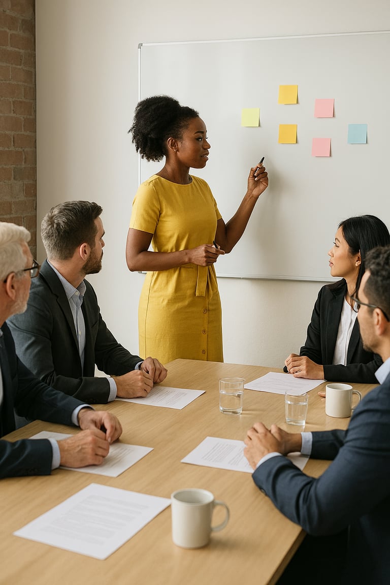 Image of a work meeting with a presenter and audience