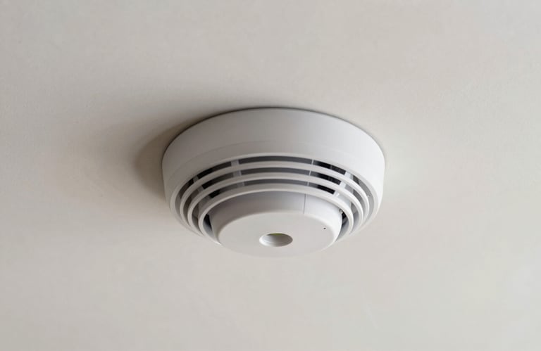 A professional photograph of a sleek, modern smoke detector mounted on a clean off-white ceiling in a high-end North American / International corporate building.