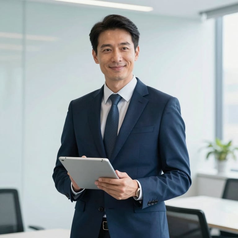 A professional portrait of a financial consultant in a navy suit standing in a bright, modern London office, holding a tablet, looking friendly and reassuring, light blue and white background colors.