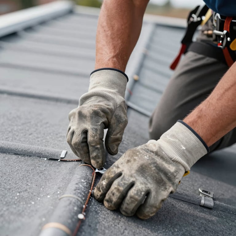 A close up of a professional roofer's hands in safety gloves inspecting a seam on a flat roof, North American / US construction style.