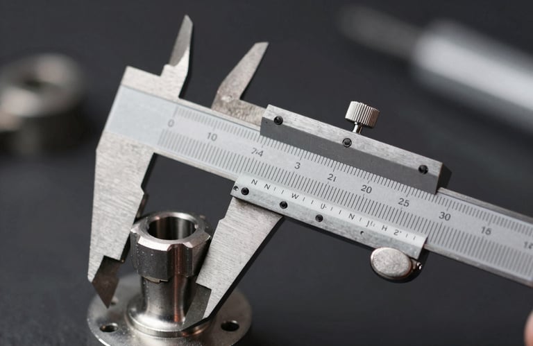 A high-precision vernier caliper measuring a metallic hardware part, shallow depth of field, professional lighting.