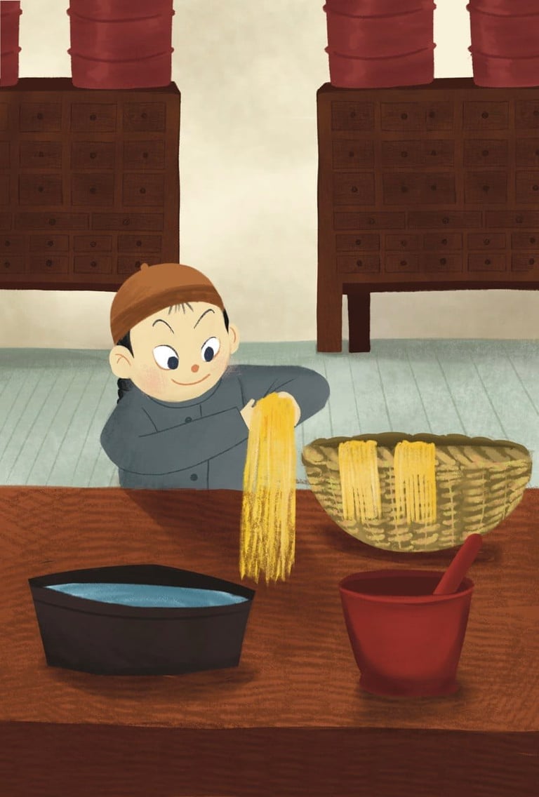 niño de la antigua china haciendo pasta a mano, ilustracion digital