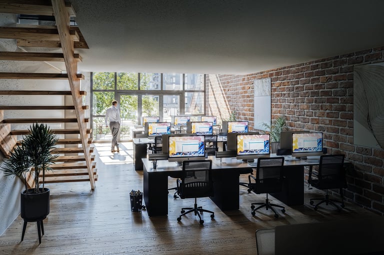 Rendu 3D ultra réaliste d’un espace de bureaux industriels – BenRaff Studio