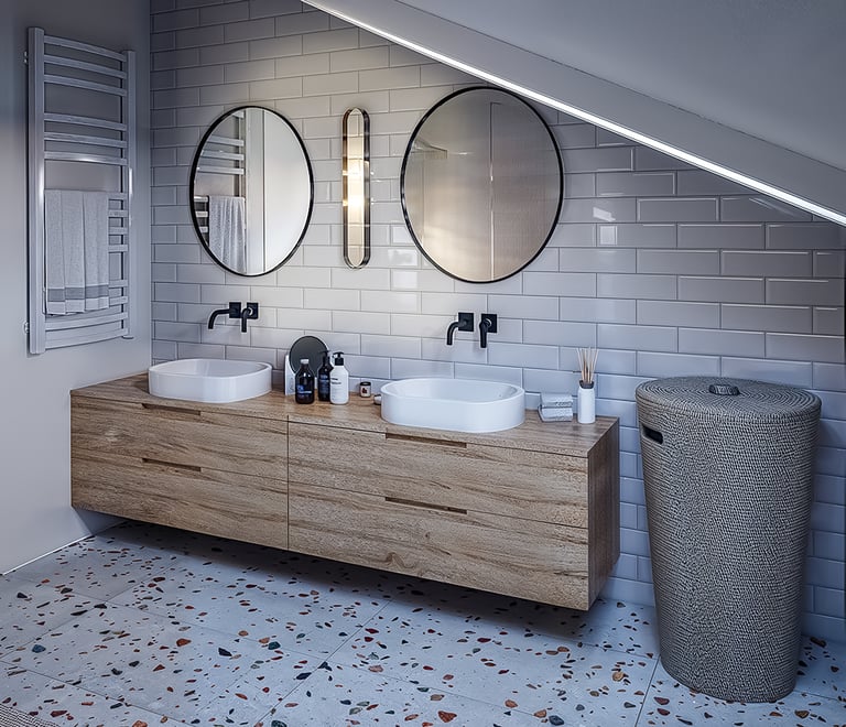 Rendu 3D salle de bain moderne avec double vasque – BenRaff Studio
