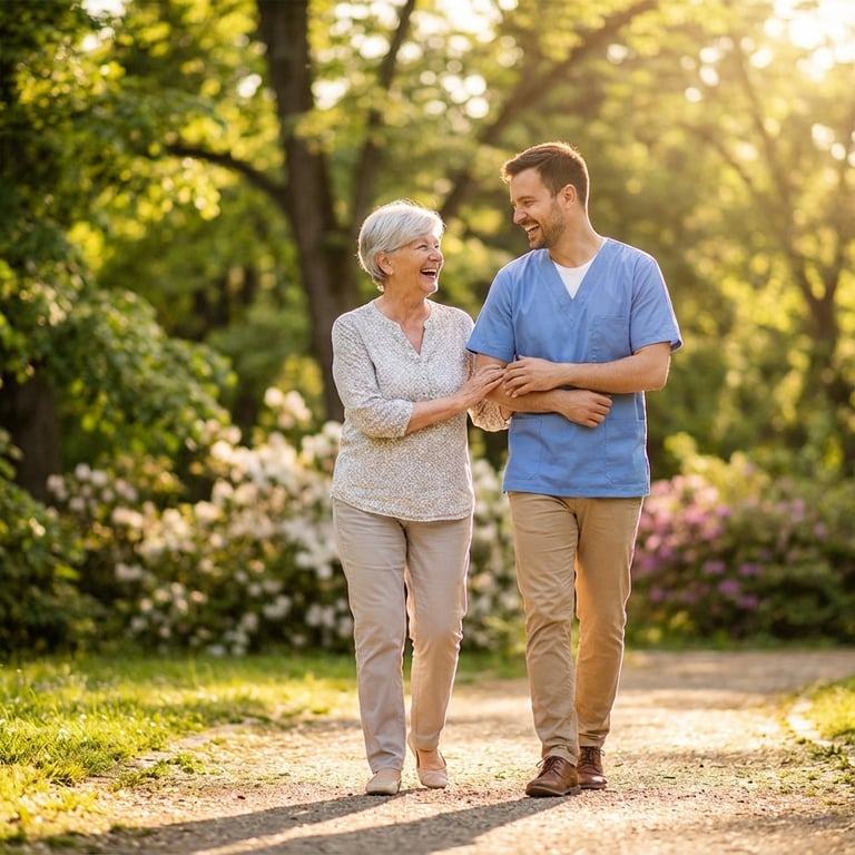 A male caregiver providing senior home care by walking with an elderly woman in a sunny park.