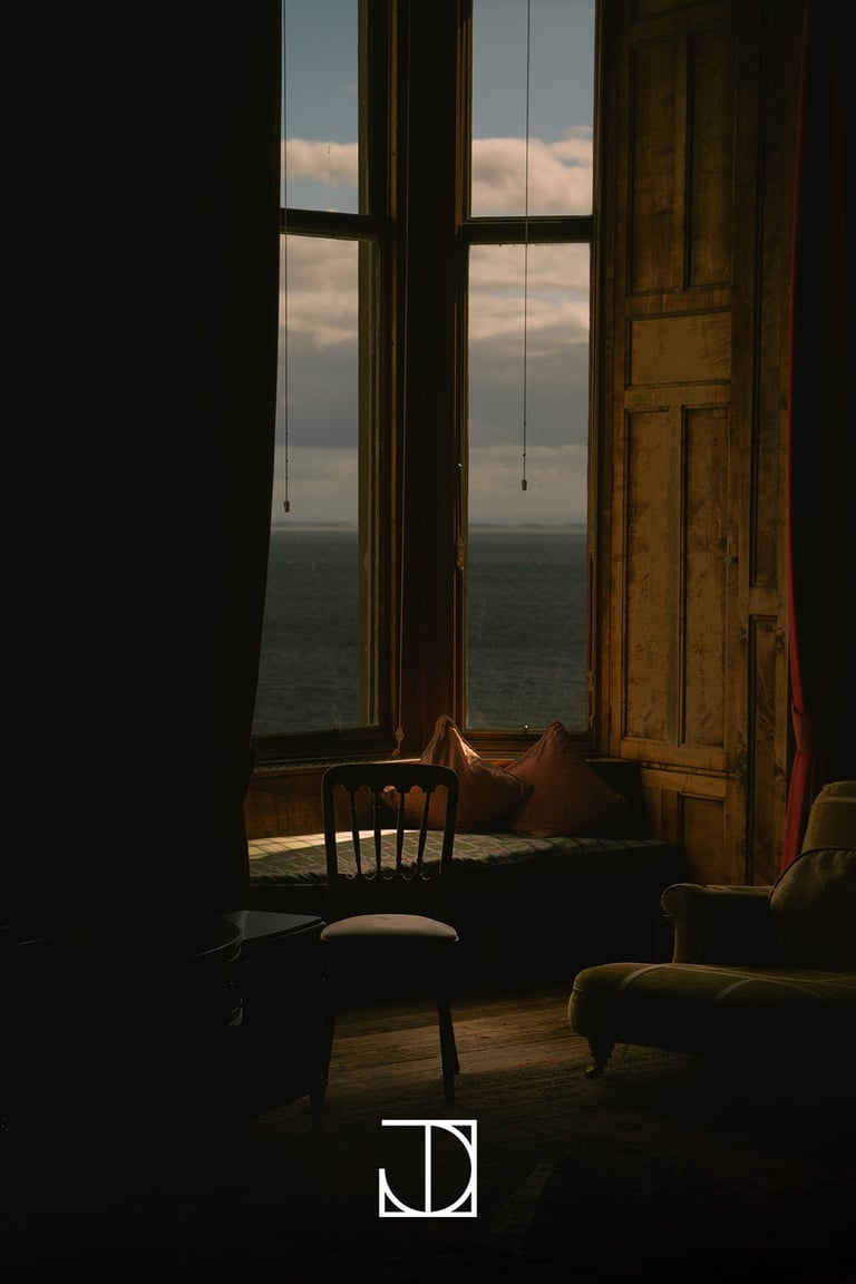 photo intérieur château bibliothèque canapé boiserie mer