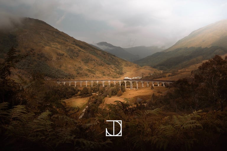 photo viaduc train vapeur Harry-Potter forêt nuage