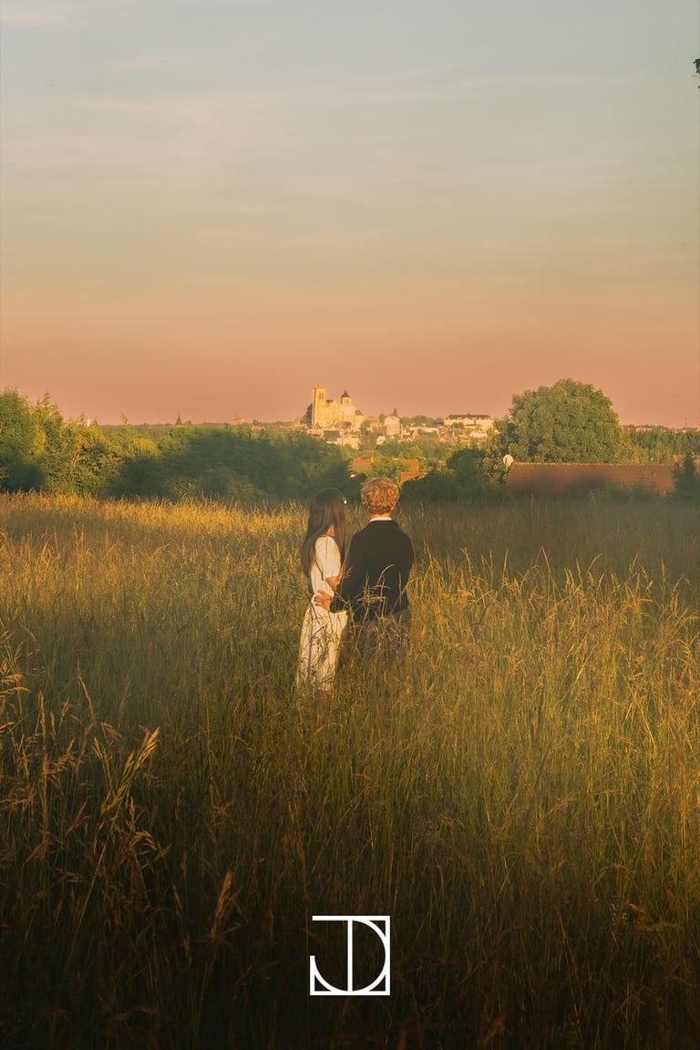 photo portrait couple cathédrale champ coucher-de-soleil