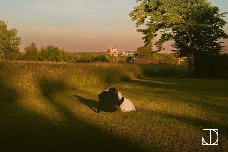 photo portrait couple cathédrale champ coucher-de-soleil