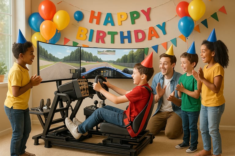 Excited children celebrating a birthday with a professional racing simulator setup and colorful party decorations.