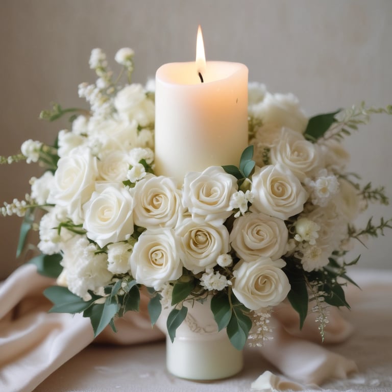 White handmade pillar candles on a wooden table for contact and inquiries