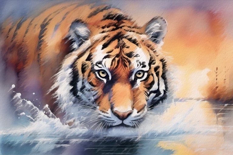 Tiger in water portrait, artwork by Philip Preston.