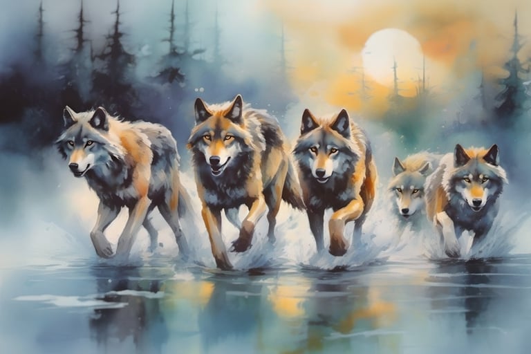 Wolf pack in water, artwork by Philip Preston.
