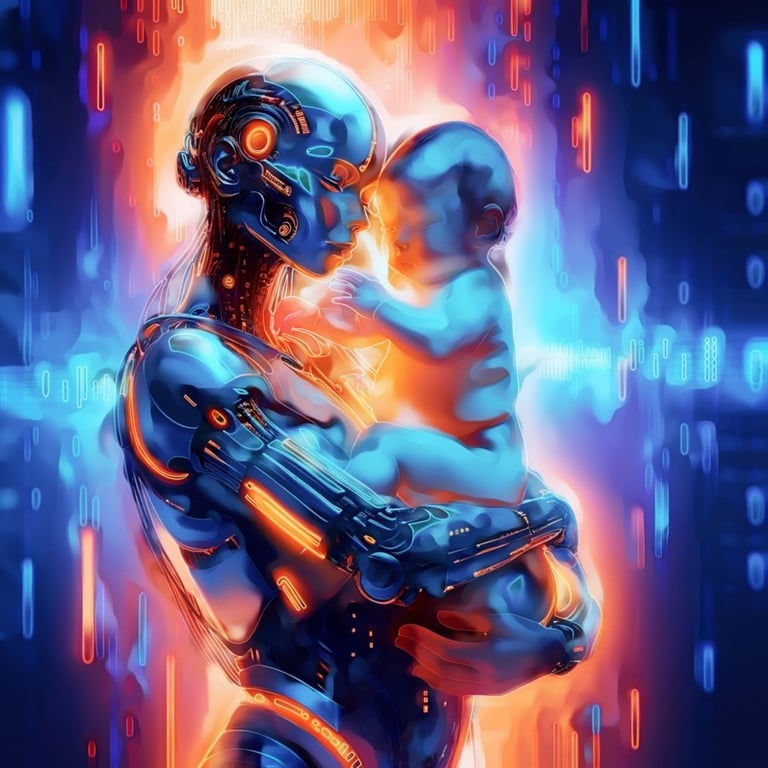 Robot holding human child, artwork by Philip Preston.