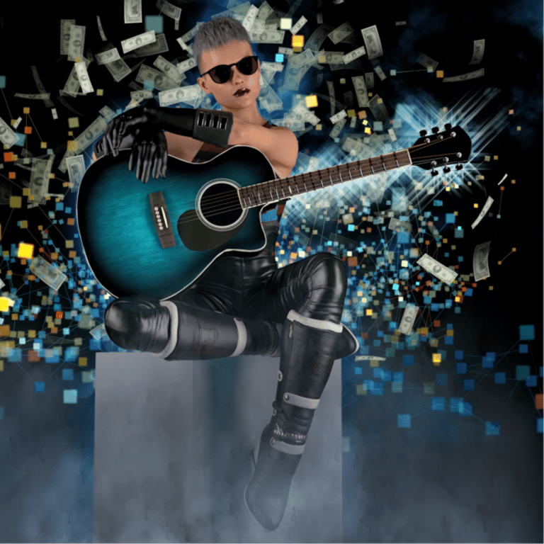 A digital artwork by Philip Preston, featuring a young female musician with a guitar.