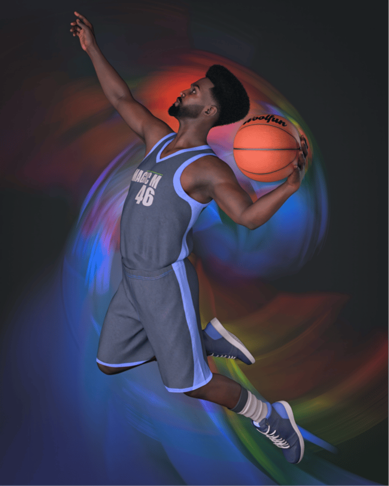 A digital artwork by Philip Preston, featuring a dynamic male basketball player in action.