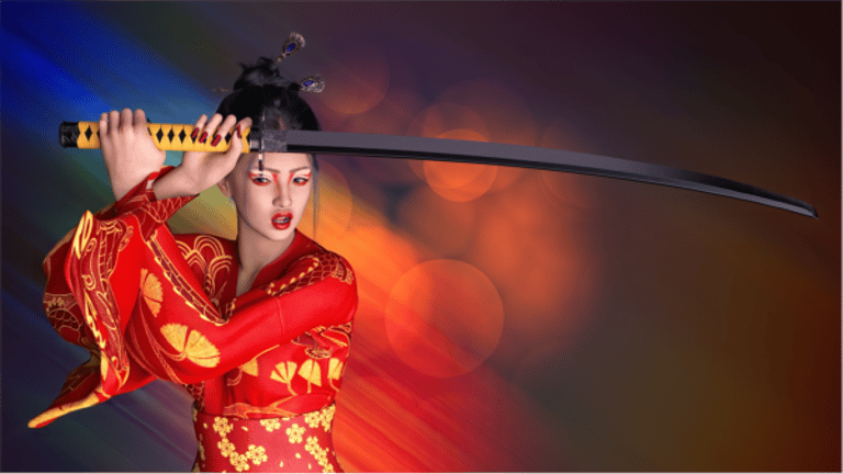 Woman wearing kimono with Katana sword, digital art by Philip Preston.