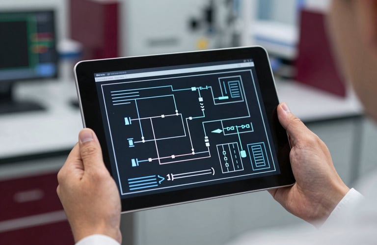 A professional portrait of an engineer's hands holding a digital tablet displaying complex electrical schematics. The background is a blurred high-tech lab with burgundy accents (#B85C66), emphasizing expertise and modern technology.