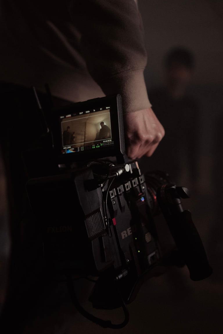 red cinema camera held on set