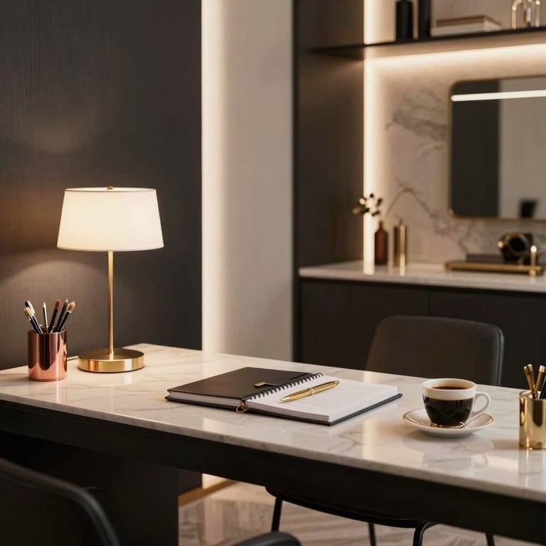 Close-up of a luxury resume with elegant black and rose gold accents on a minimalist desk.
