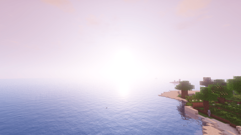 Pink sunrise with TME Shaders in Minecraft