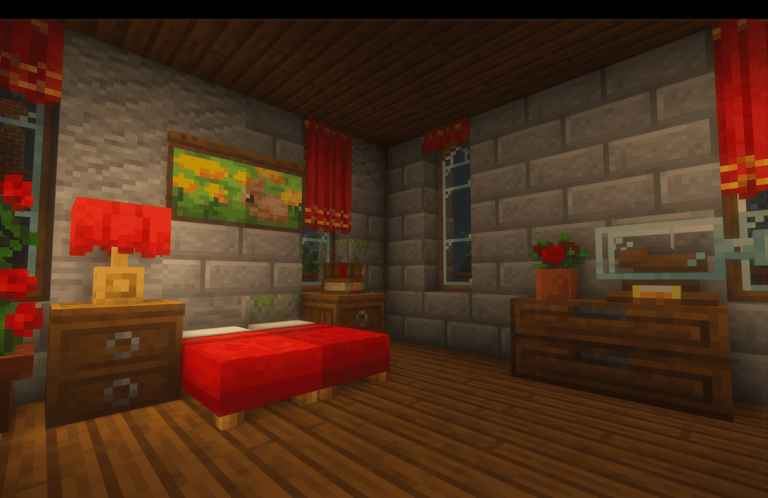 Bedroom with Lamps, Curtains, Drawers and Paintings