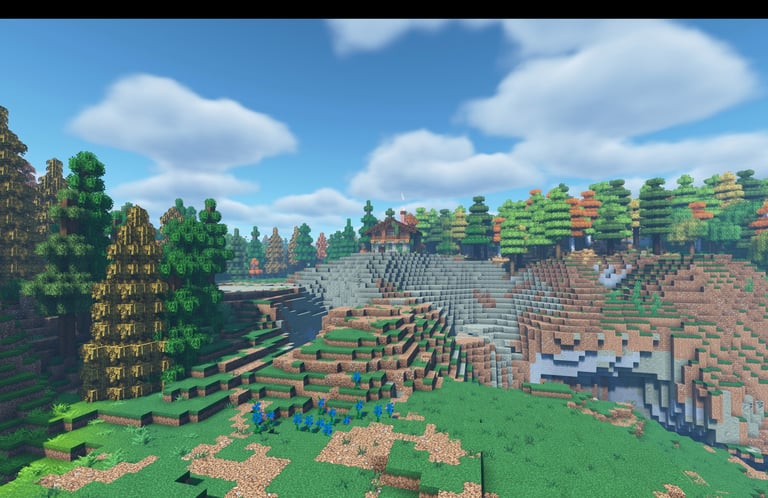 A Meadow Clearing Biome next to a Meadow Forest. In distance you can also see a swiss mountain Chalet inspired building
