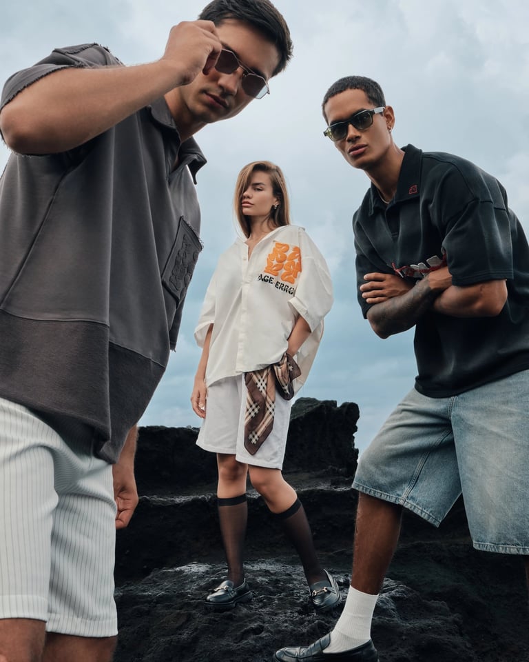 Three models in streetwear tees standing on volcanic rocks for Break the Cycle Summer 2025 Bali.